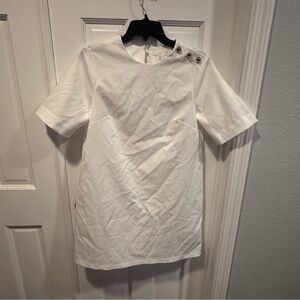H&M White Shift Dress Small Minimalist‎ Gold Button Shoulder Short Sleeve